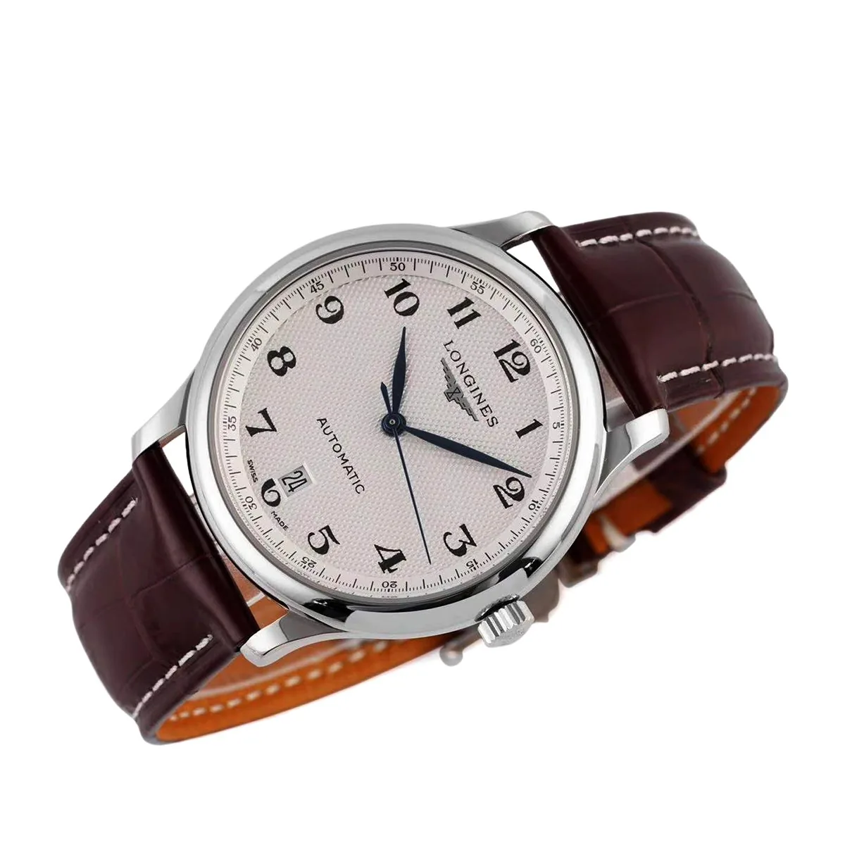 Master Collection cadran blanc sur bracelet en cuir marron – Image 3
