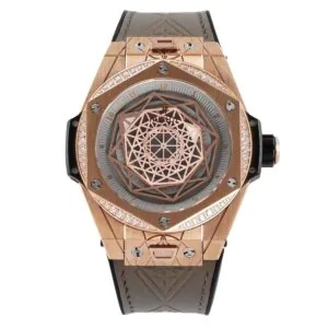 Big Bang Unico Sang Bleu in Roségold mit Diamantlünette am braunen Lederarmband