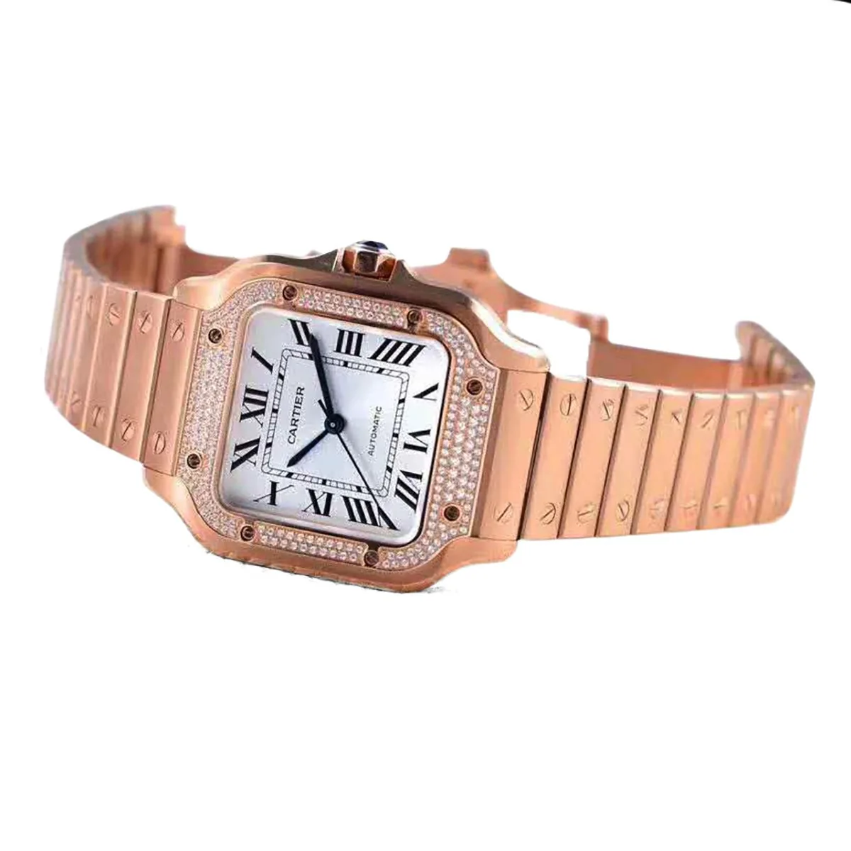Santos de Cartier weißes Zifferblatt mit Diamantlünette in Roségold – Bild 2