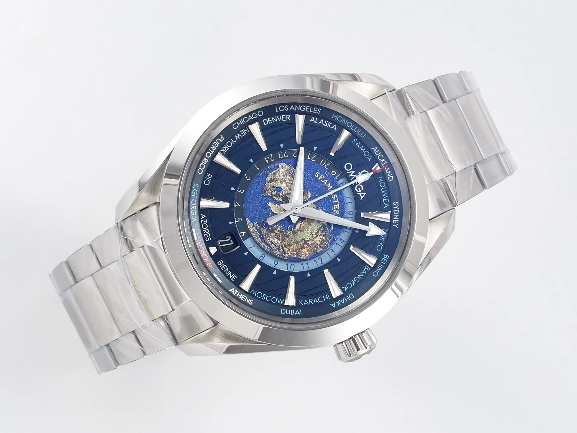Aqua Terra 150M 43mm Worldtimer 24 VSF 1:1 Best Edition Blue Dial on SS Bracelet A8938 Super Clone