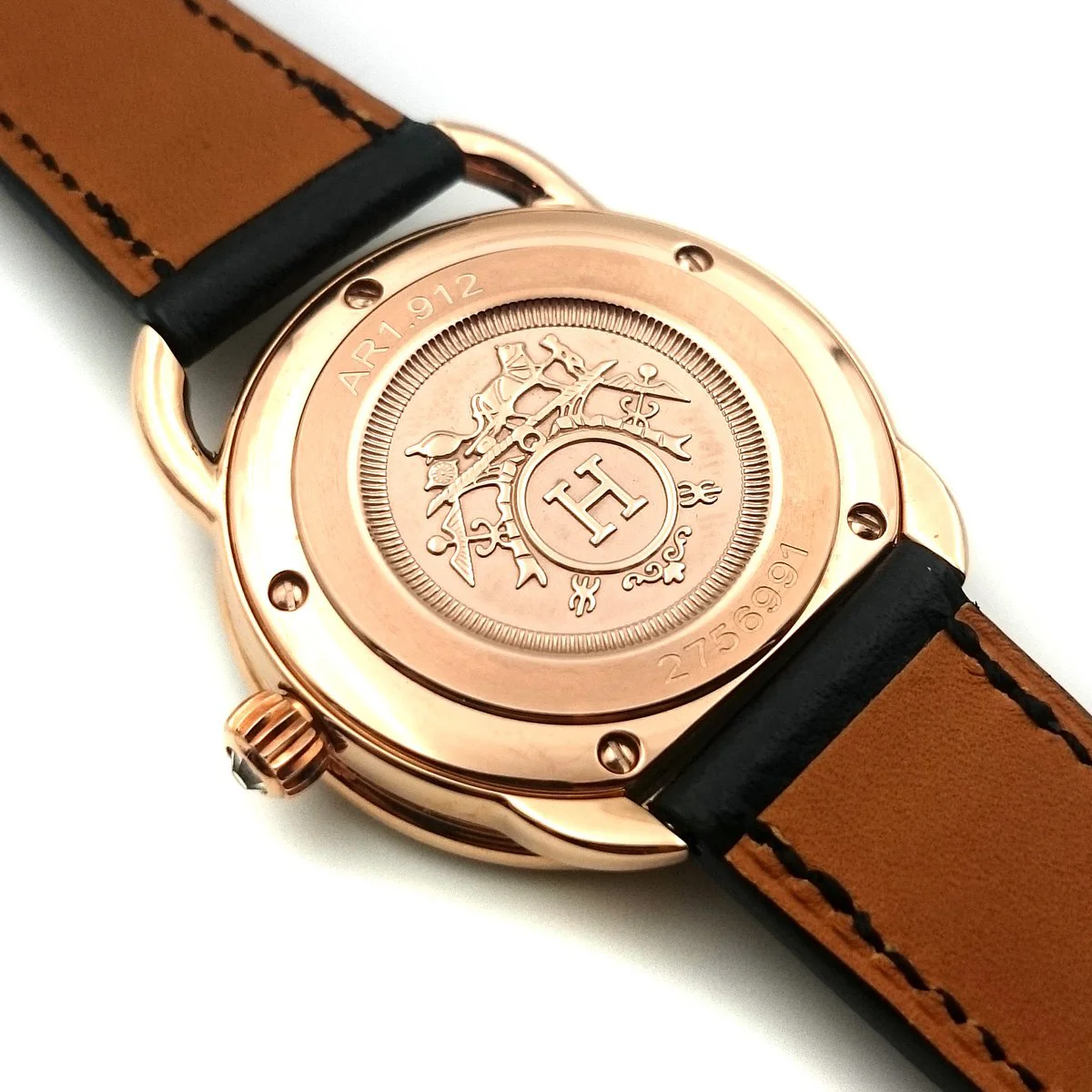 Arceau Petite Rose Gold with Diamond Bezel Black Dial on Black Fjord Leather Strap