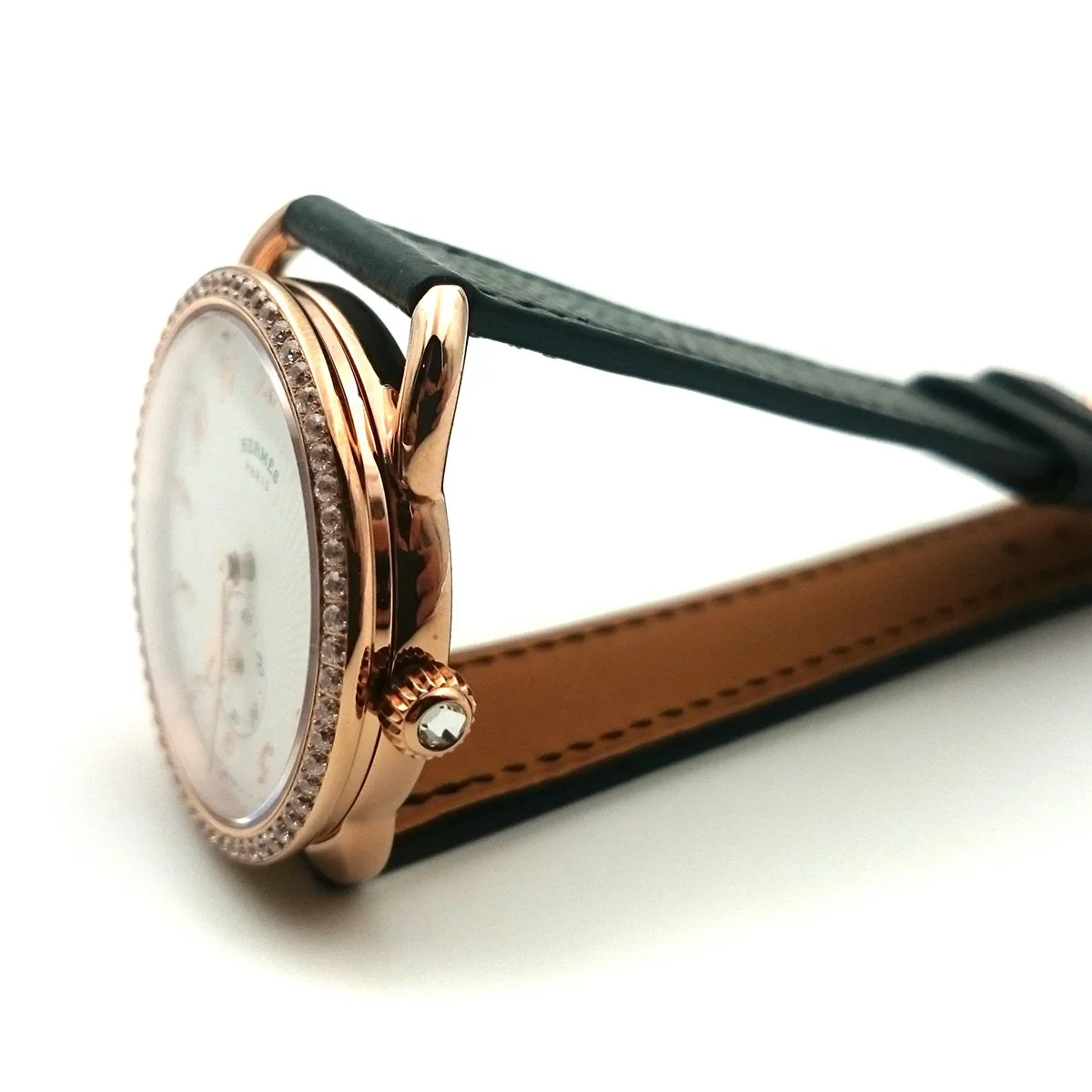 Arceau Petite Rose Gold with Diamond Bezel on Black Epsom Leather Strap