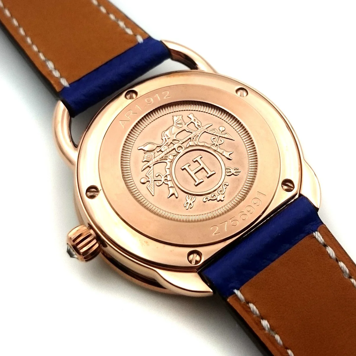 Arceau Petite Rose Gold with Diamond Bezel on Blue Epsom Leather Strap