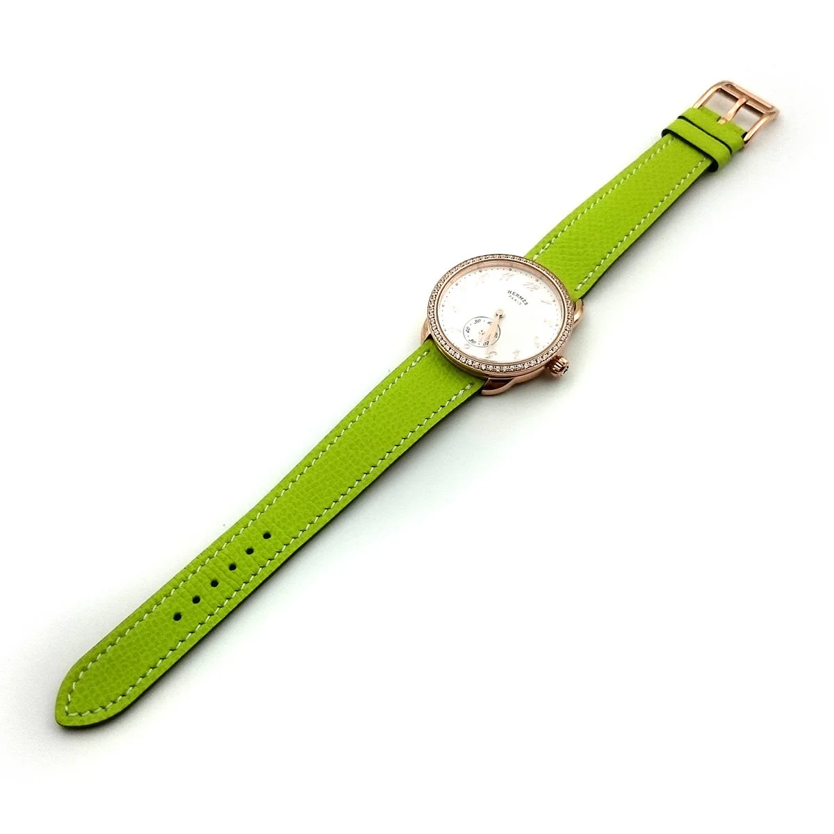 Arceau Petite Rose Gold with Diamond Bezel on Green Epsom Leather Strap