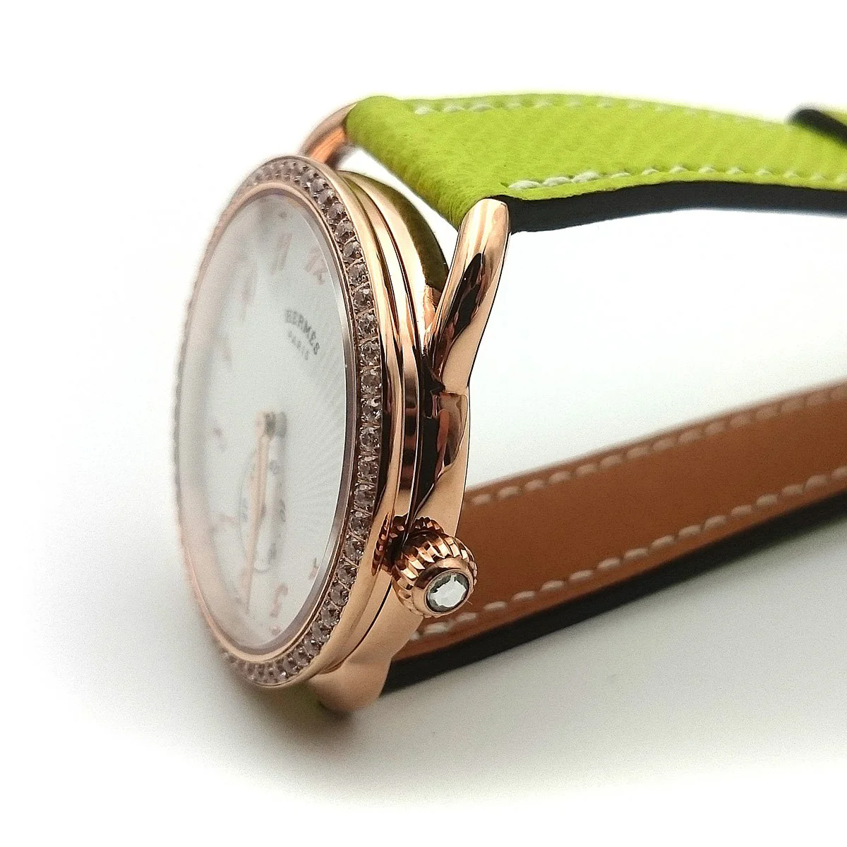 Arceau Petite Rose Gold with Diamond Bezel on Green Epsom Leather Strap