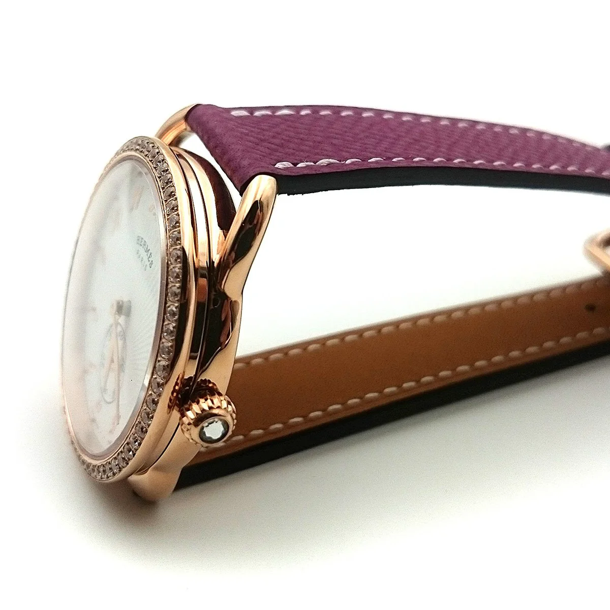 Arceau Petite Rose Gold with Diamond Bezel on Violet Epsom Leather Strap