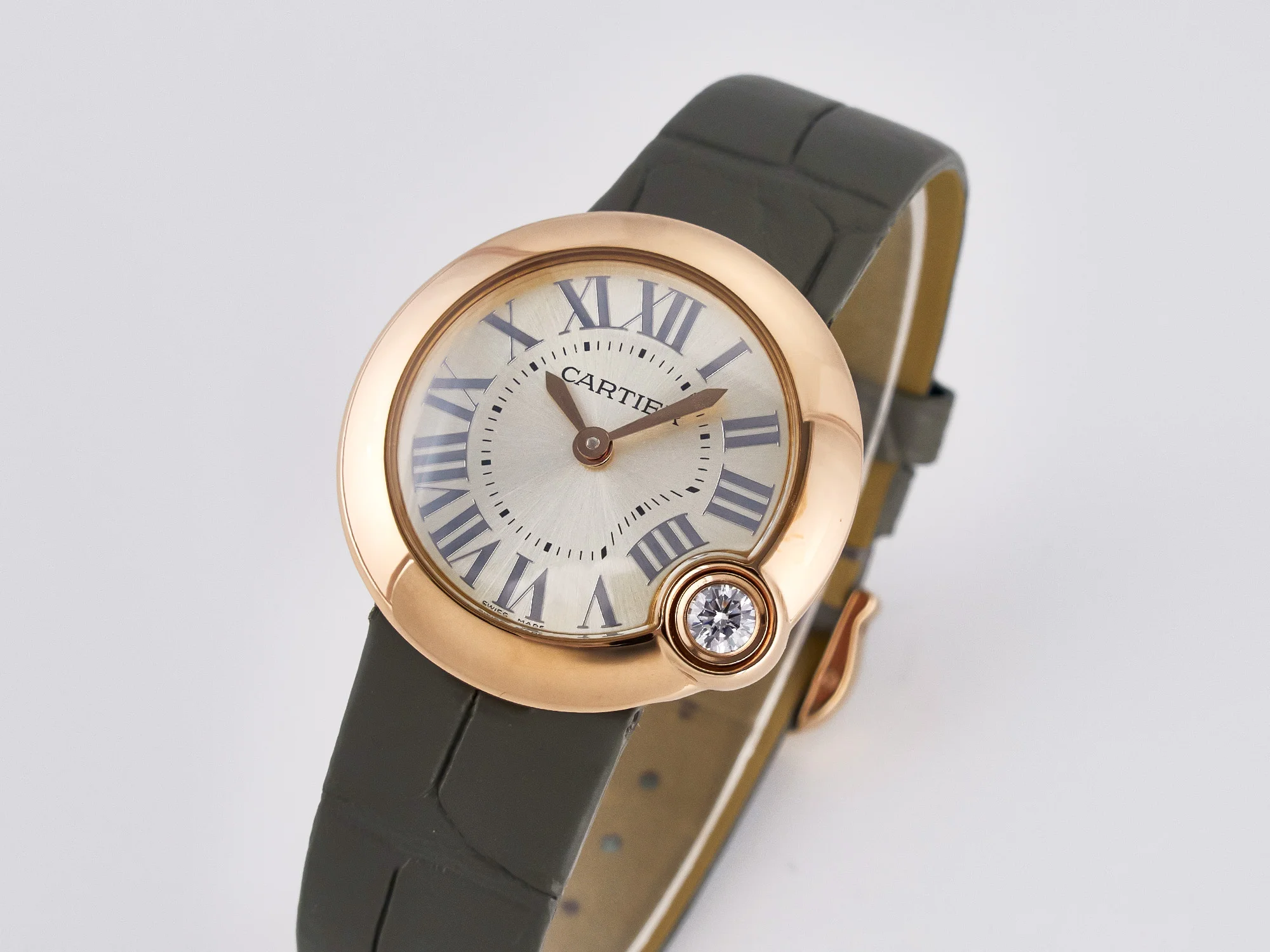 Ballon Blanc De Cartier 30mm RG DRF 1:1 Best Edition Silvered Texture Dial on Green Leather Strap Ronda Quartz