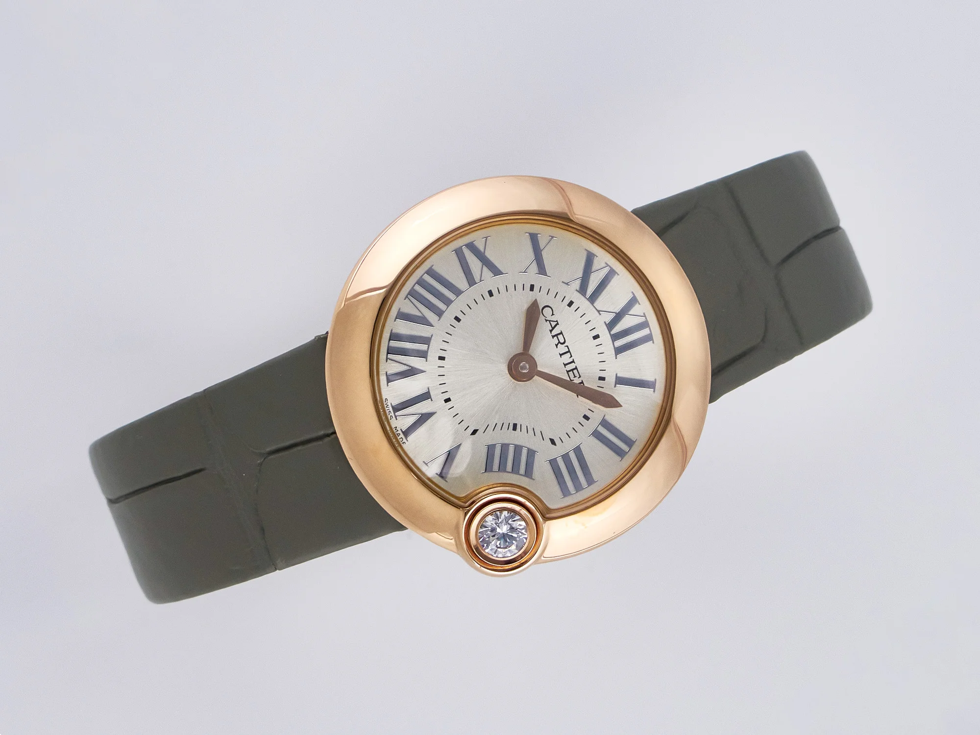 Ballon Blanc De Cartier 30mm RG DRF 1:1 Best Edition Silvered Texture Dial on Green Leather Strap Ronda Quartz