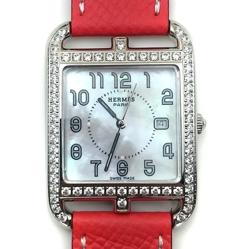 Cape Cod Steel with Diamond Bezel on Vermilion Epsom Leather Strap