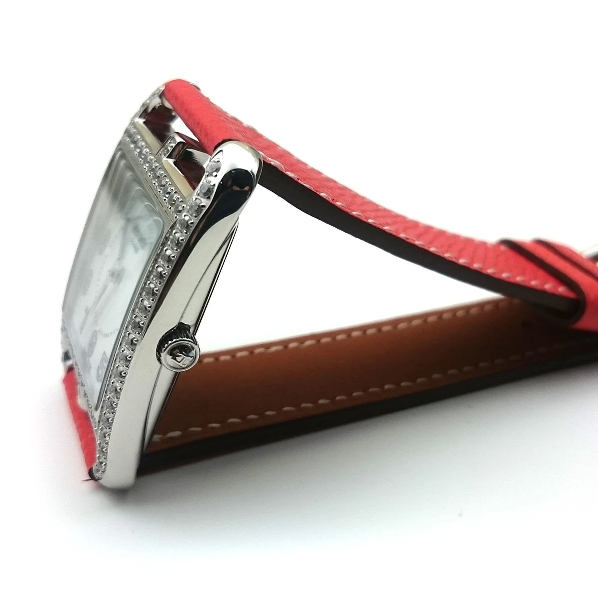 Cape Cod Steel with Diamond Bezel on Vermilion Epsom Leather Strap