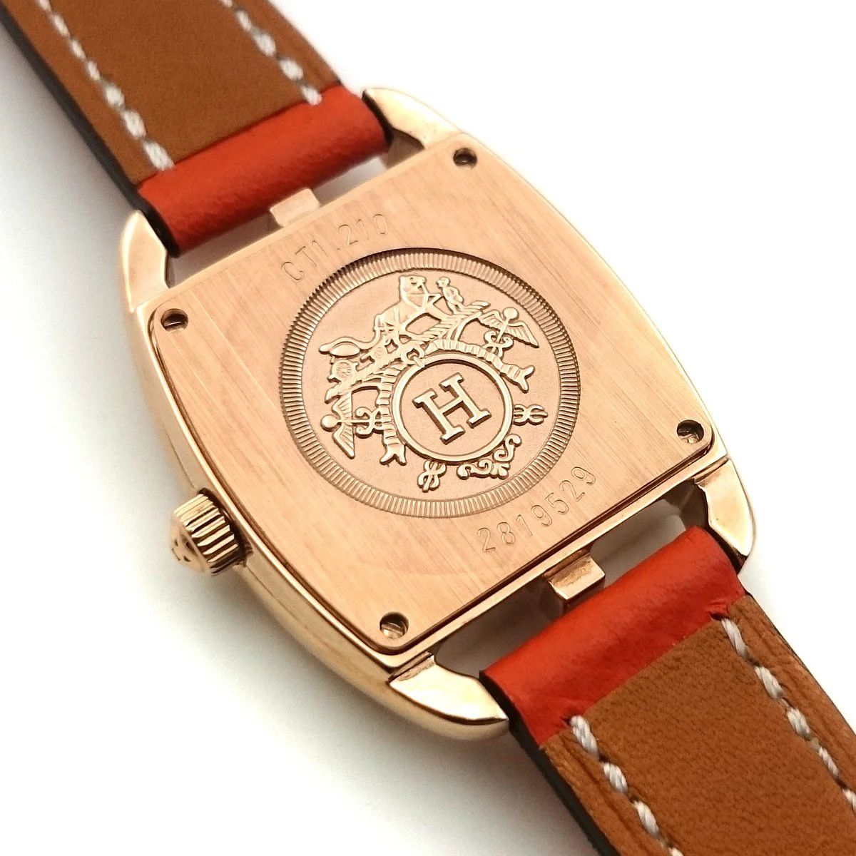 Cape Cod Tonneau Rose Gold on Orange Epsom Leather Strap
