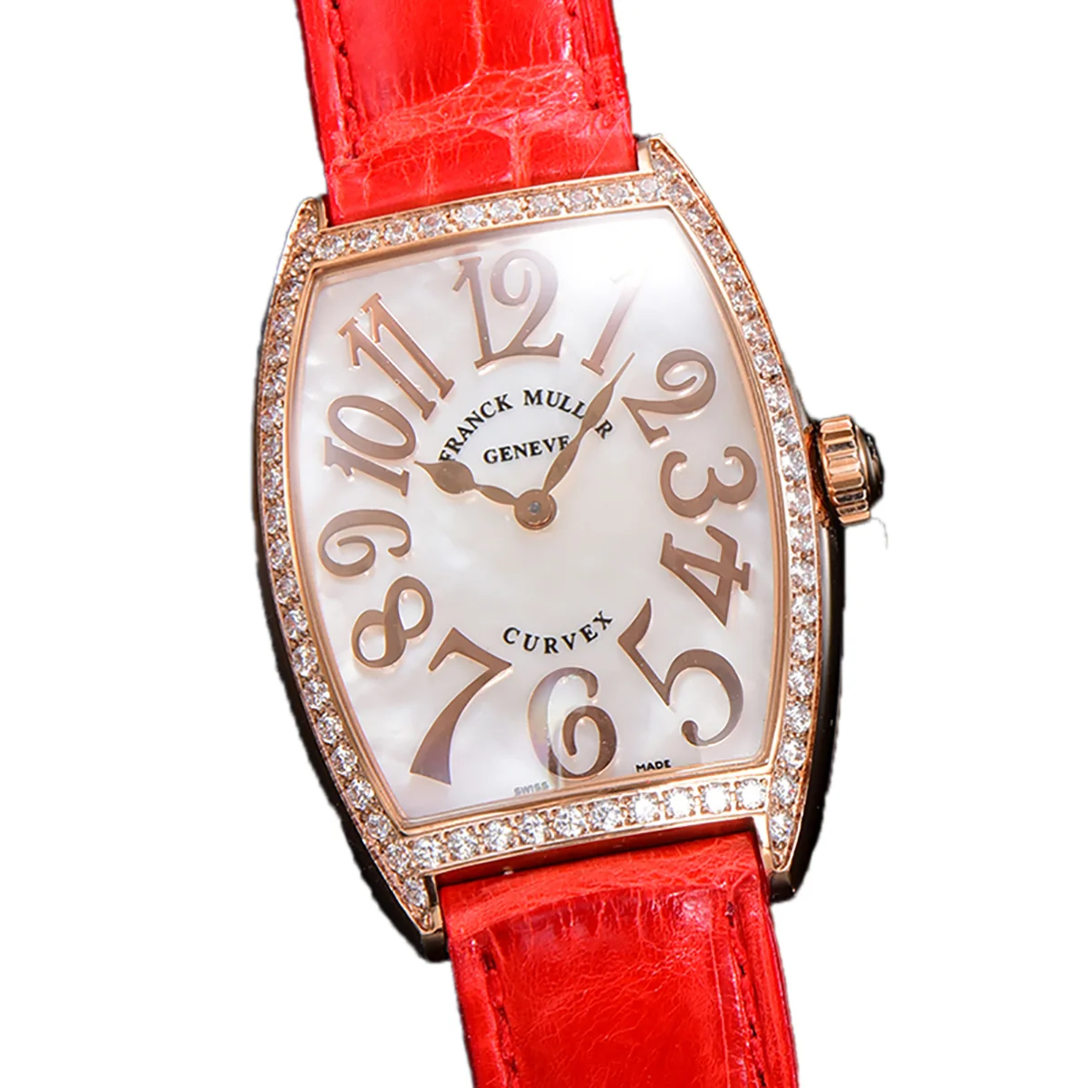 Cintree Curve MOP Dial in Rose Gold on Red Leather Strap