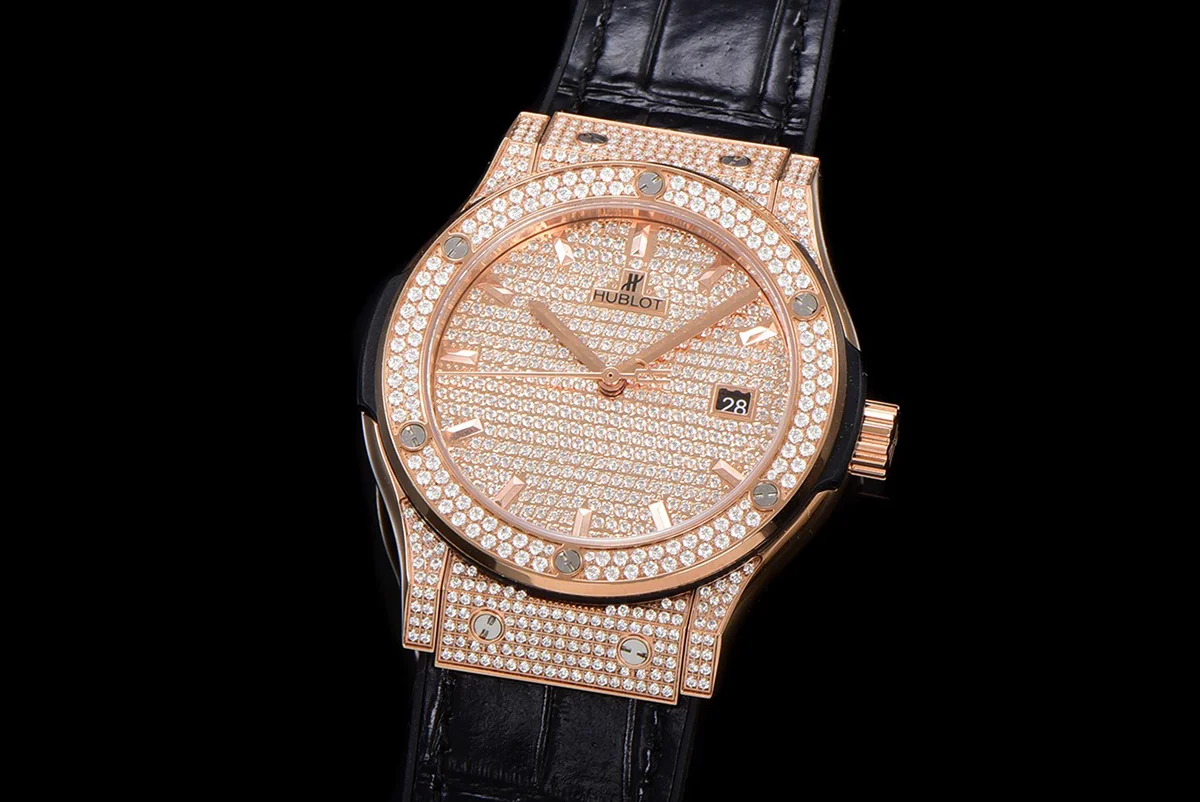 Classic Fusion Automatic 42mm Diamond Paved Dial in Rose Gold on Black Leather Strap