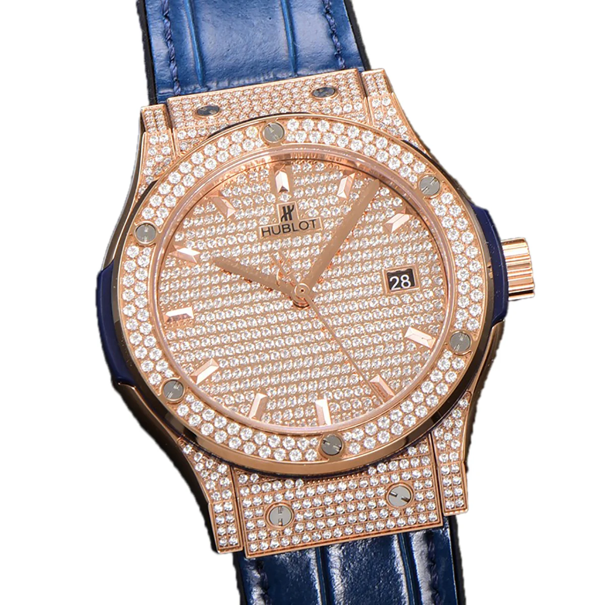 Classic Fusion Automatic 42mm Diamond Paved Dial in Rose Gold on Blue Leather Strap