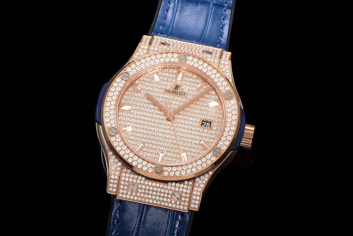 Classic Fusion Automatic 42mm Diamond Paved Dial in Rose Gold on Blue Leather Strap
