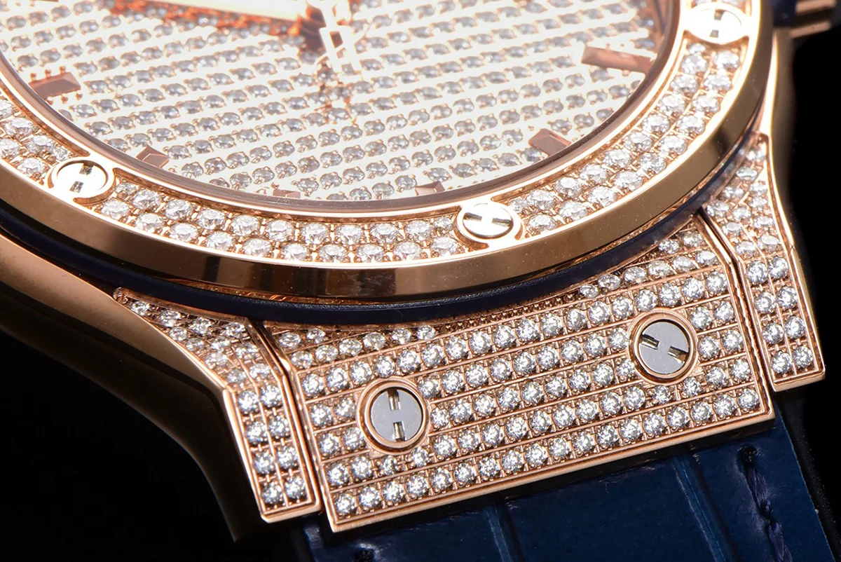 Classic Fusion Automatic 42mm Diamond Paved Dial in Rose Gold on Blue Leather Strap