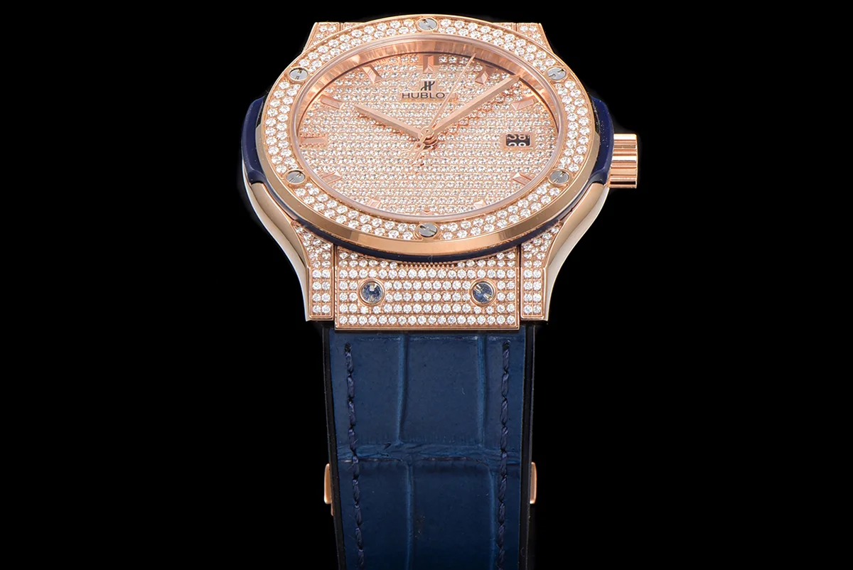 Classic Fusion Automatic 42mm Diamond Paved Dial in Rose Gold on Blue Leather Strap