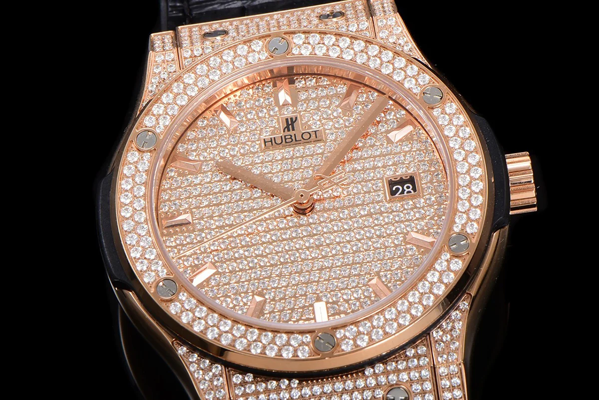 Classic Fusion Automatic 42mm Diamond Paved Dial in Rose Gold on Brown Leather Strap