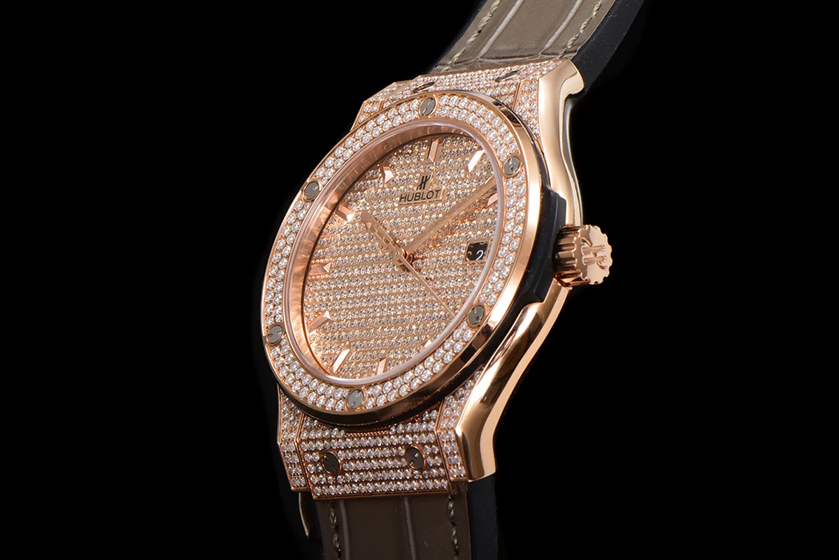Classic Fusion Automatic 42mm Diamond Paved Dial in Rose Gold on Brown Leather Strap