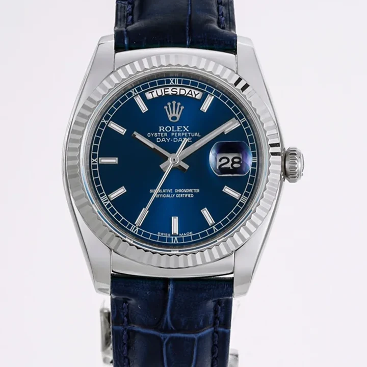Day-Date 36 Blue Dial in White Gold on Leather Strap