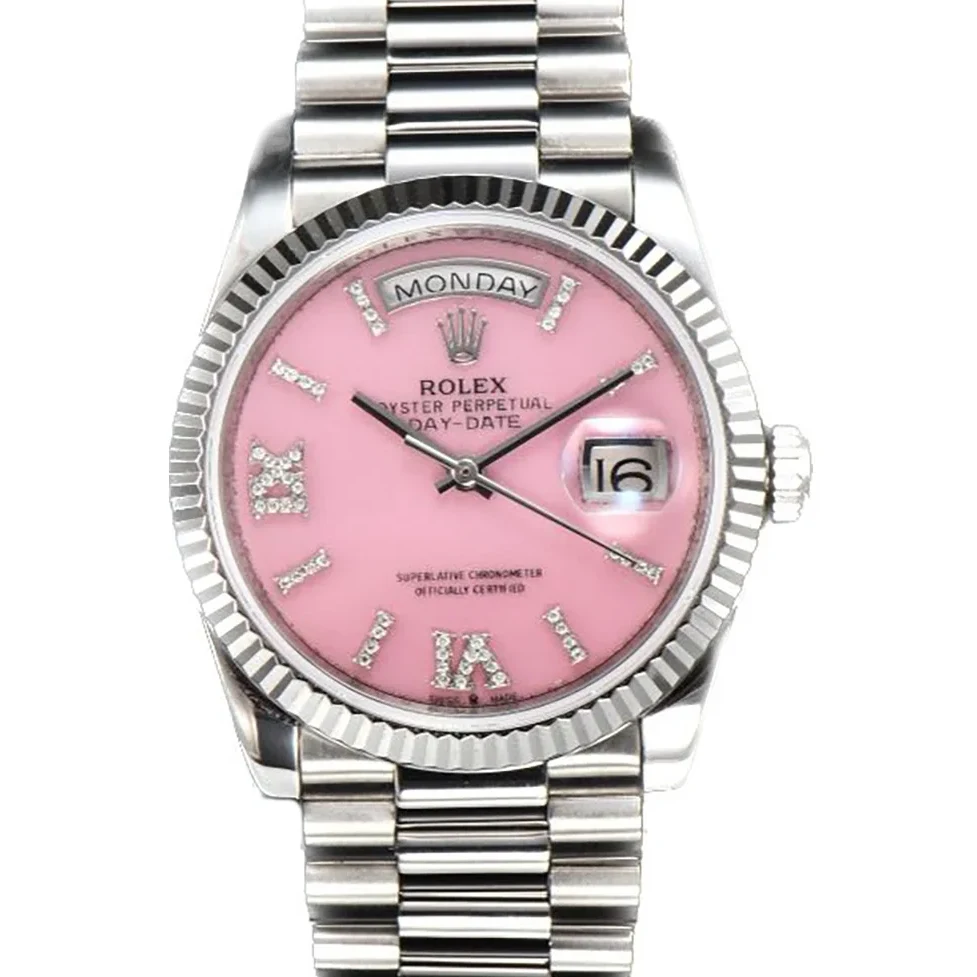 Daydate 36 128236 Pink Opal Dial with Roman Marker in Platinum