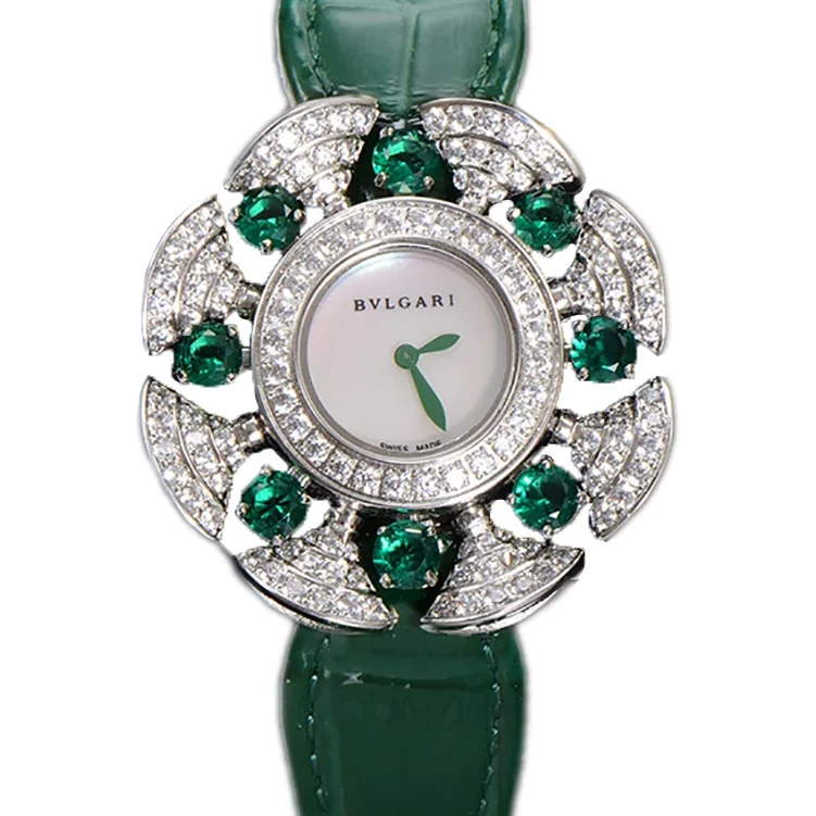 Diva’s Dream Jewellery Watch Diamond Paved Dial in White Gold on Green Leather Strap
