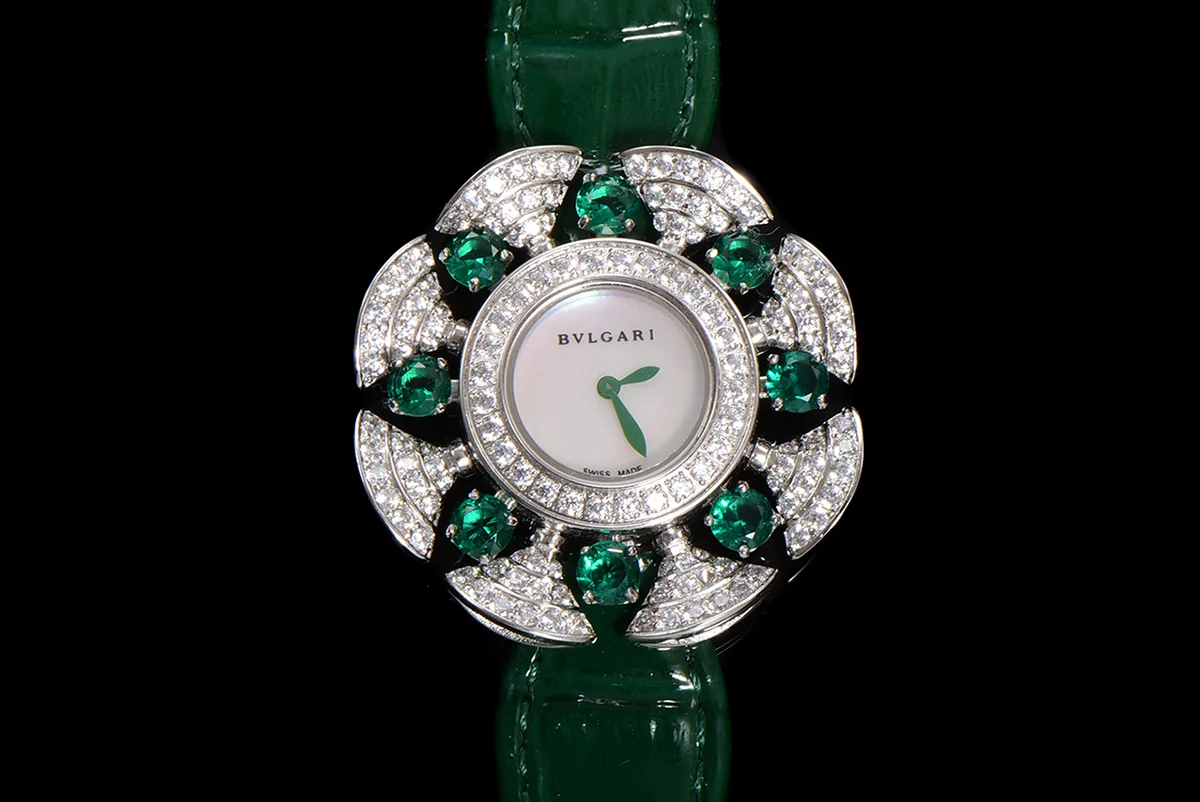 Diva’s Dream Jewellery Watch Diamond Paved Dial in White Gold on Green Leather Strap