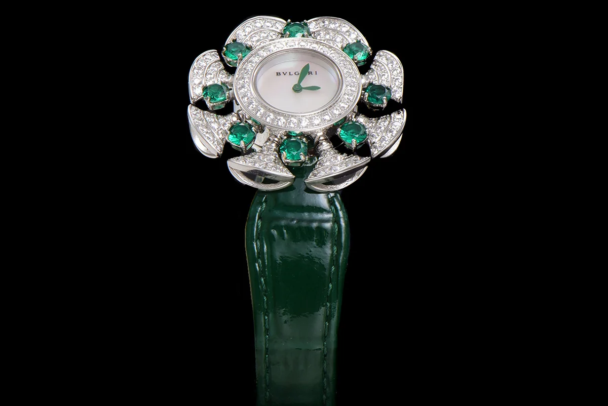 Diva’s Dream Jewellery Watch Diamond Paved Dial in White Gold on Green Leather Strap
