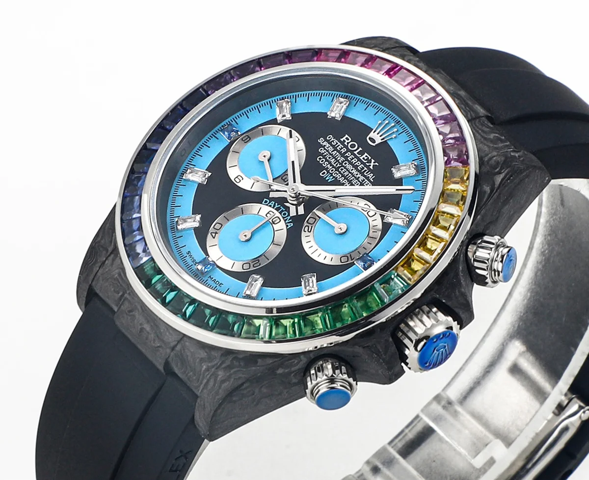 DIW Daytona Rainbow Blue Carbon in Black Rubber Strap