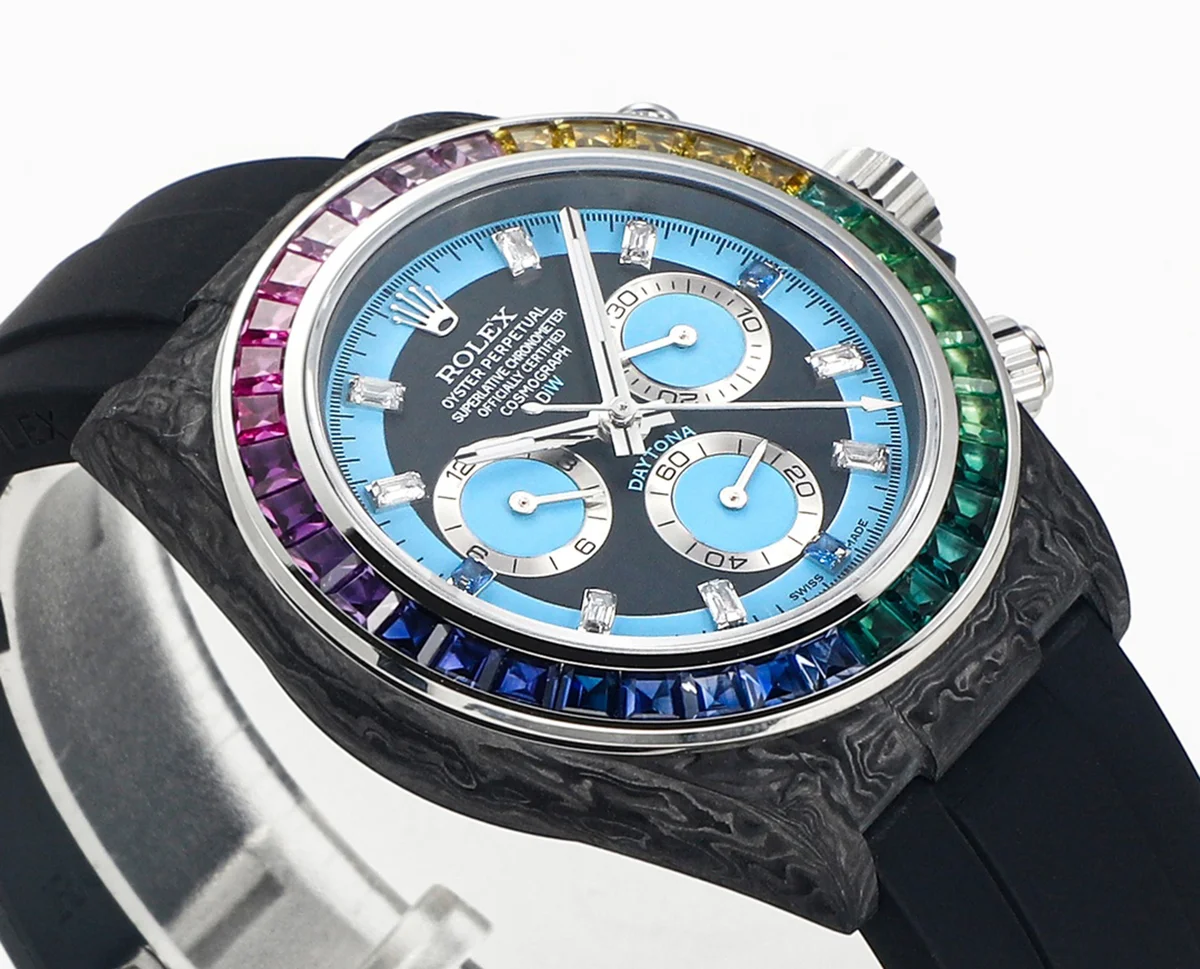 DIW Daytona Rainbow Blue Carbon in Black Rubber Strap