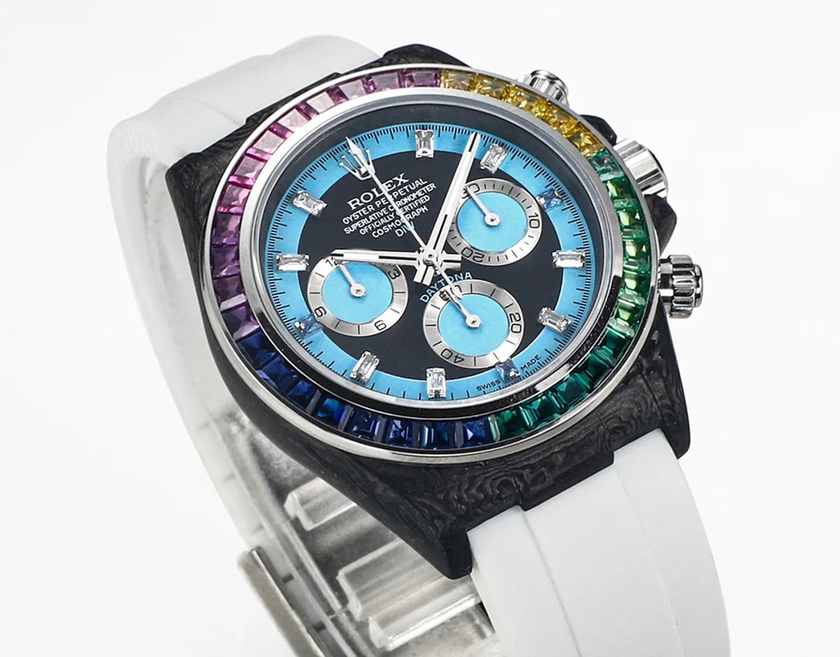 DIW Daytona Rainbow Blue Carbon in White Rubber Strap