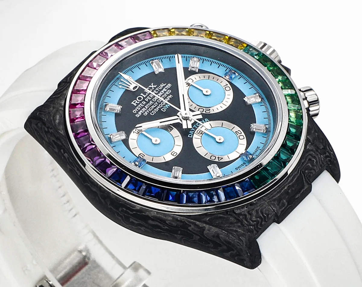 DIW Daytona Rainbow Blue Carbon in White Rubber Strap