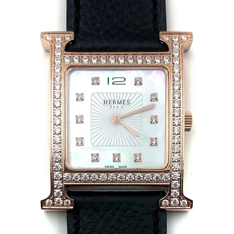 Heure H Rose Gold with Diamond Bezel and Markers on Black Epsom Leather Strap