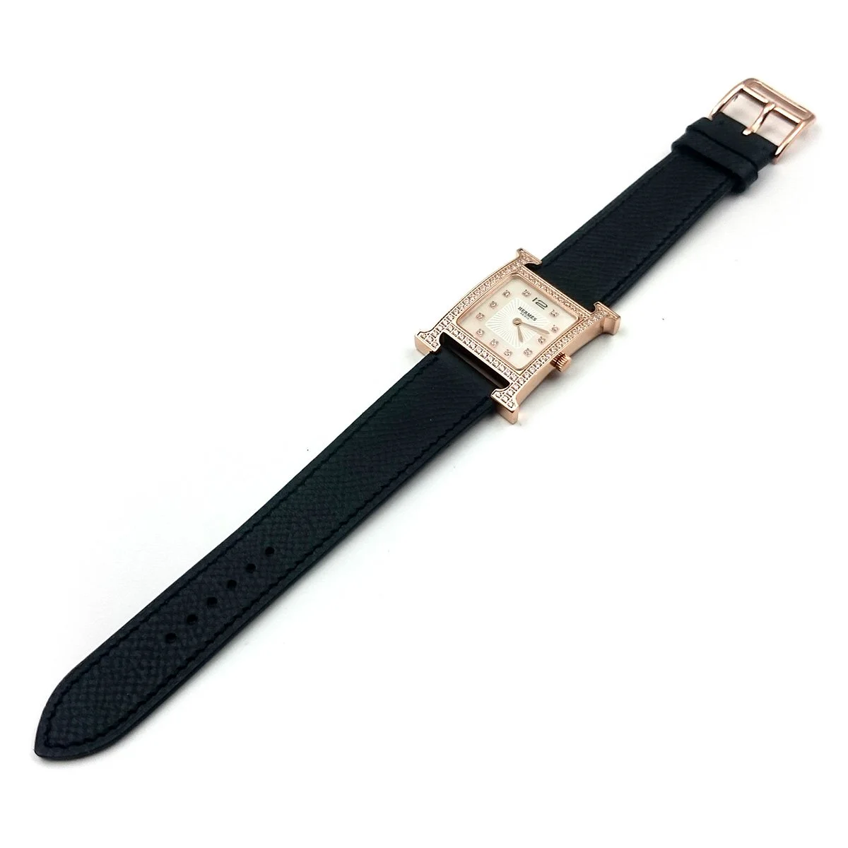 Heure H Rose Gold with Diamond Bezel and Markers on Black Epsom Leather Strap