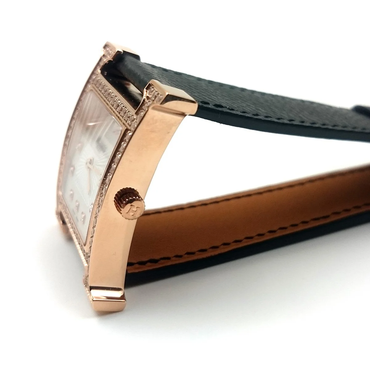 Heure H Rose Gold with Diamond Bezel and Markers on Black Epsom Leather Strap