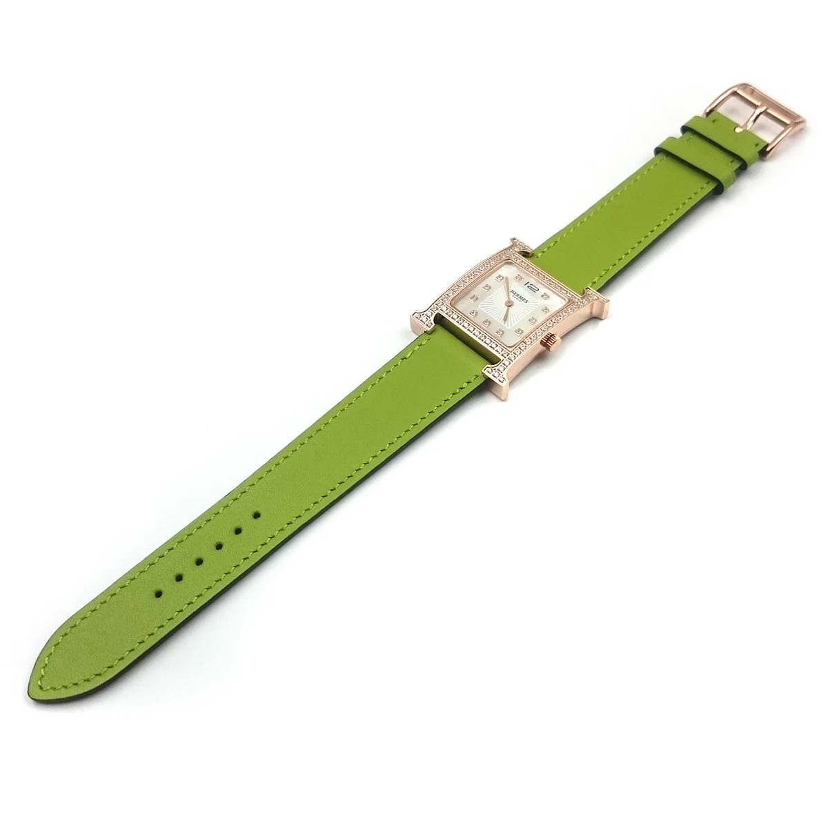 Heure H Rose Gold with Diamond Bezel and Markers on Green Fjord Leather Strap