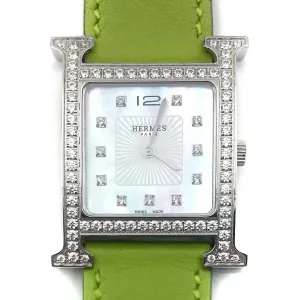 Heure H Steel with Diamond Bezel and Markers on Green Fjord Leather Strap