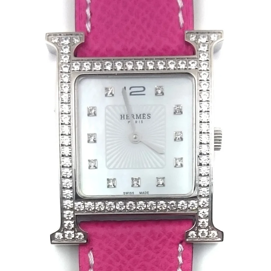 Heure H Steel with Diamond Bezel and Markers on Pink Epsom Leather Strap