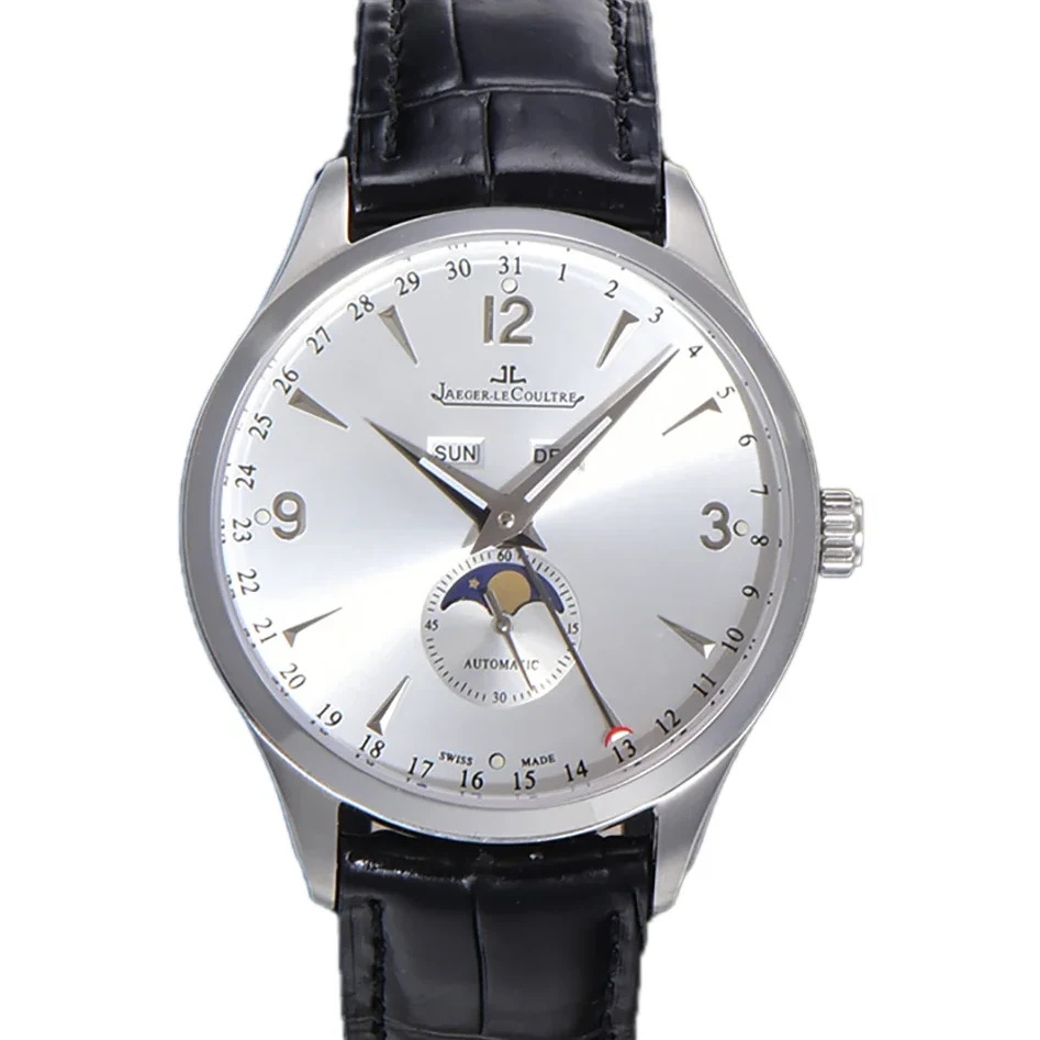 Master Calendar Silver Dial in Steel on Black Leather Strap