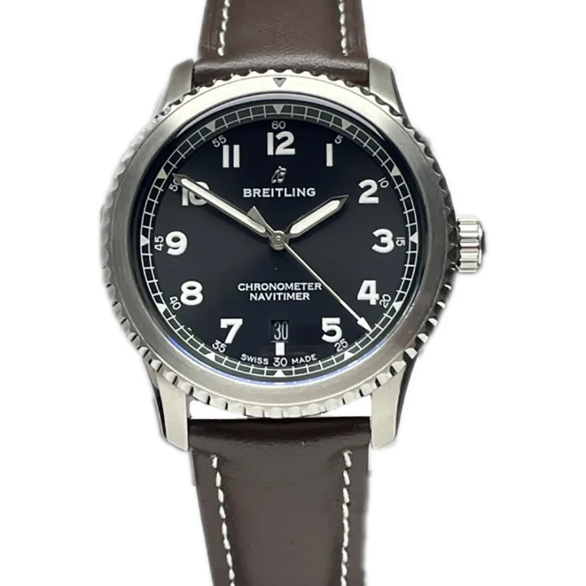 Navitimer Aviator 8 Automatic 41 Black Dial in Steel on Brown Leather Strap