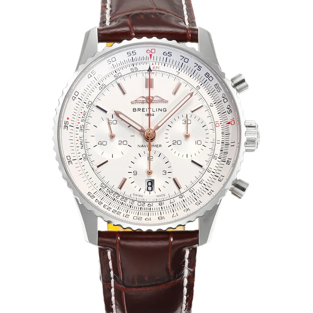 Navitimer B01 Chronograph 41 White Dial in Steel on Leather Strap Ref. AB0139211G1P1