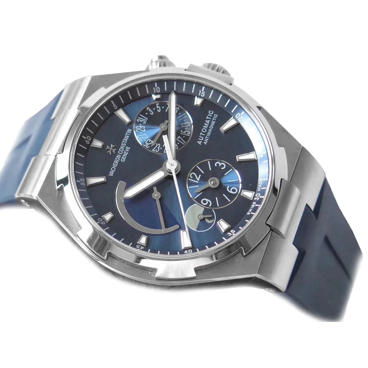 Overseas Dual Time Blue Dial in Steel on Rubber Strap