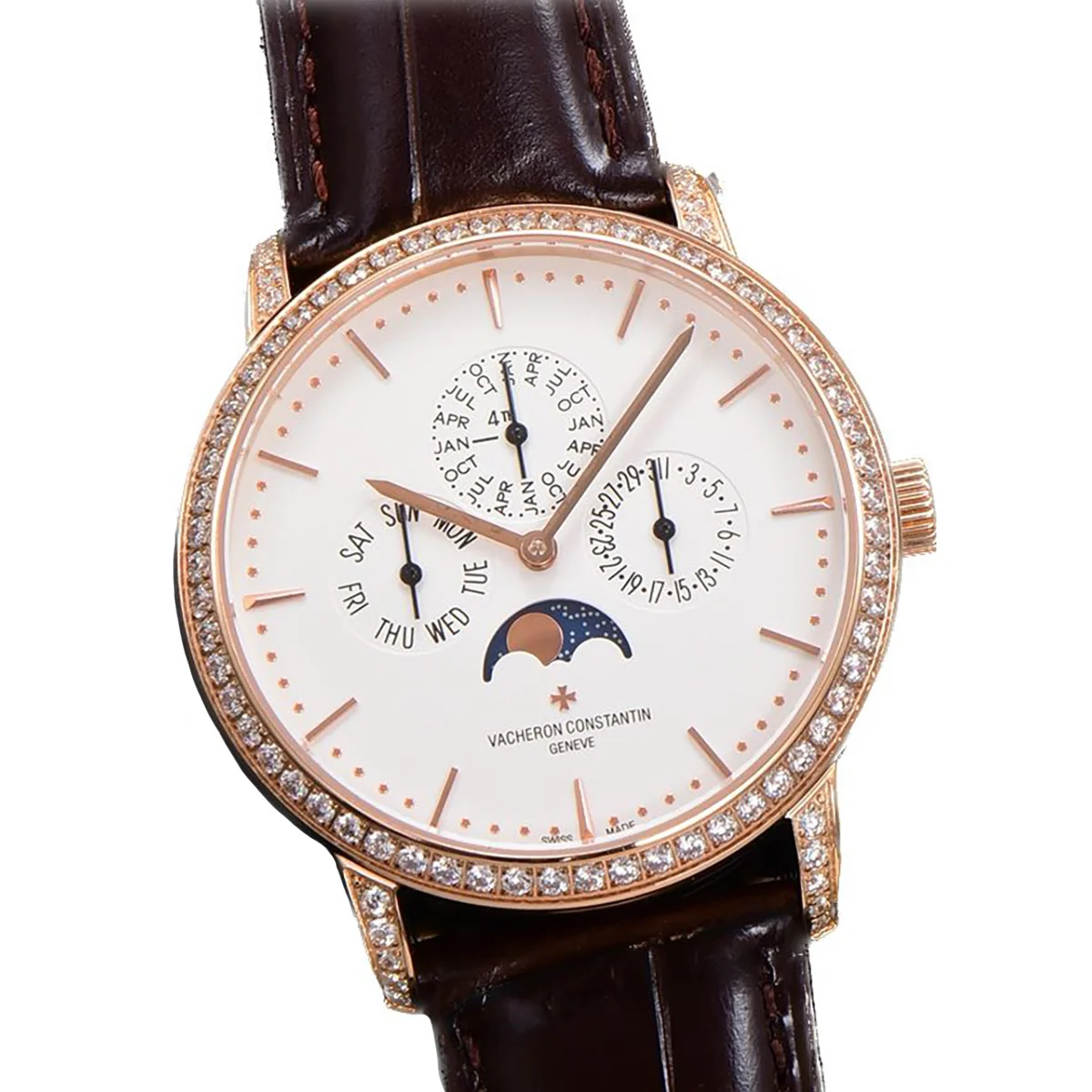 Patrimony Perpetual Calendar Ultra-Thin White Dial in Pink Gold with Diamond Bezel