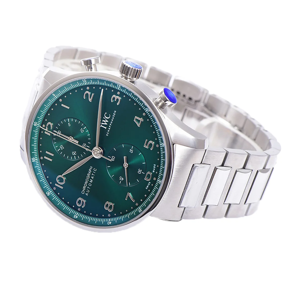 Portugieser Chronograph IW371615 Green Dial in Steel on Bracelet