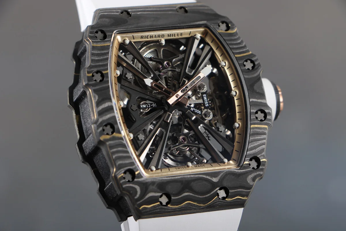 RM 012-01 Tourbillon NTPT Carbon on White Rubber Strap