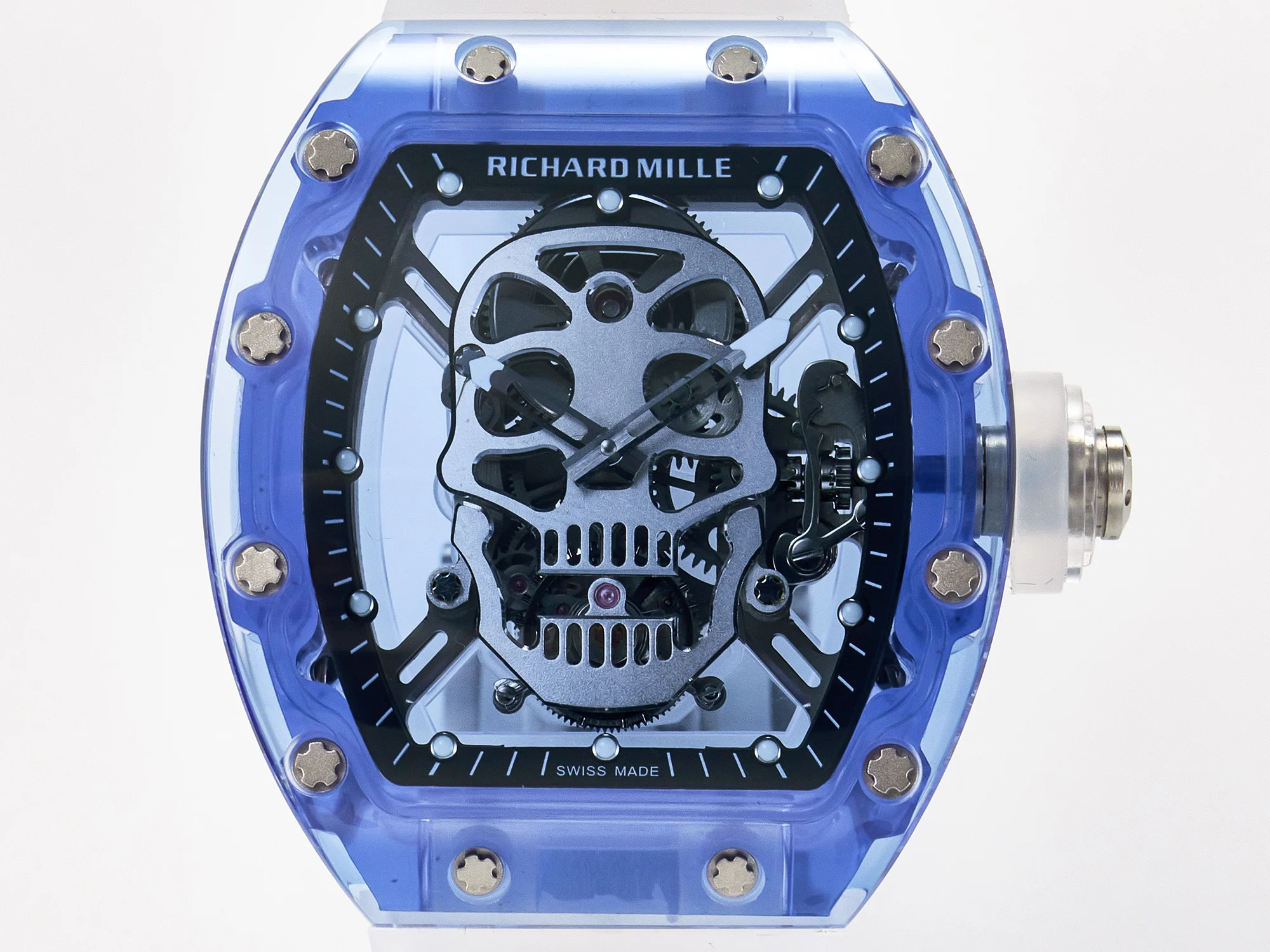 RM52-01 Blue Transparent Tourbillon MSF Best Edition Skull Dial on White Rubber Strap