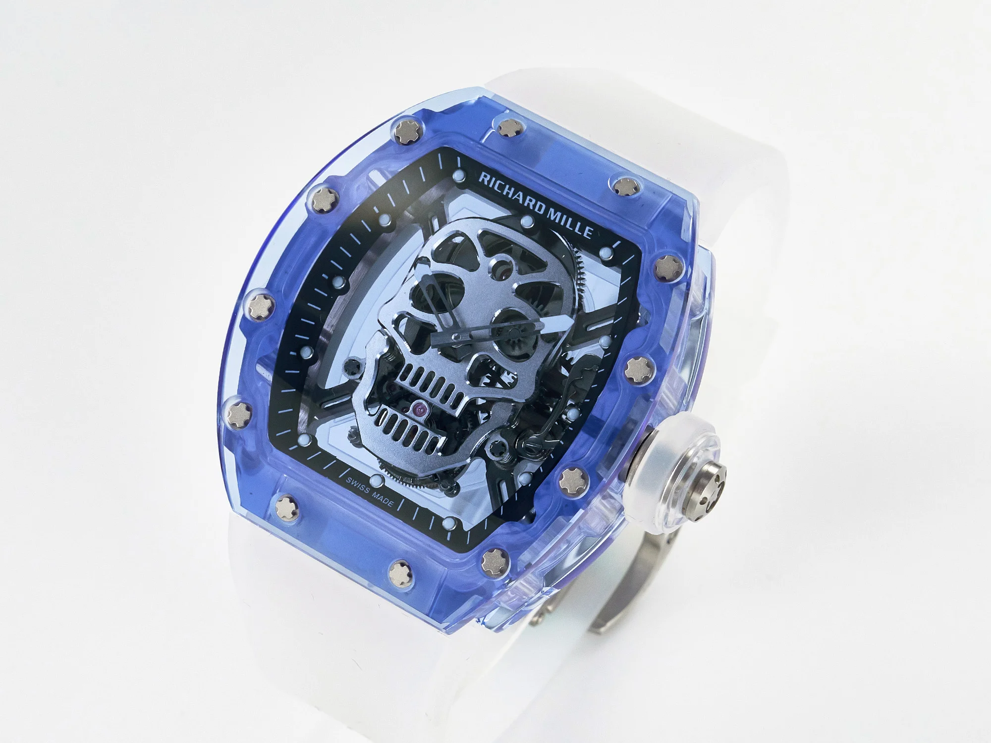RM52-01 Blue Transparent Tourbillon MSF Best Edition Skull Dial on White Rubber Strap