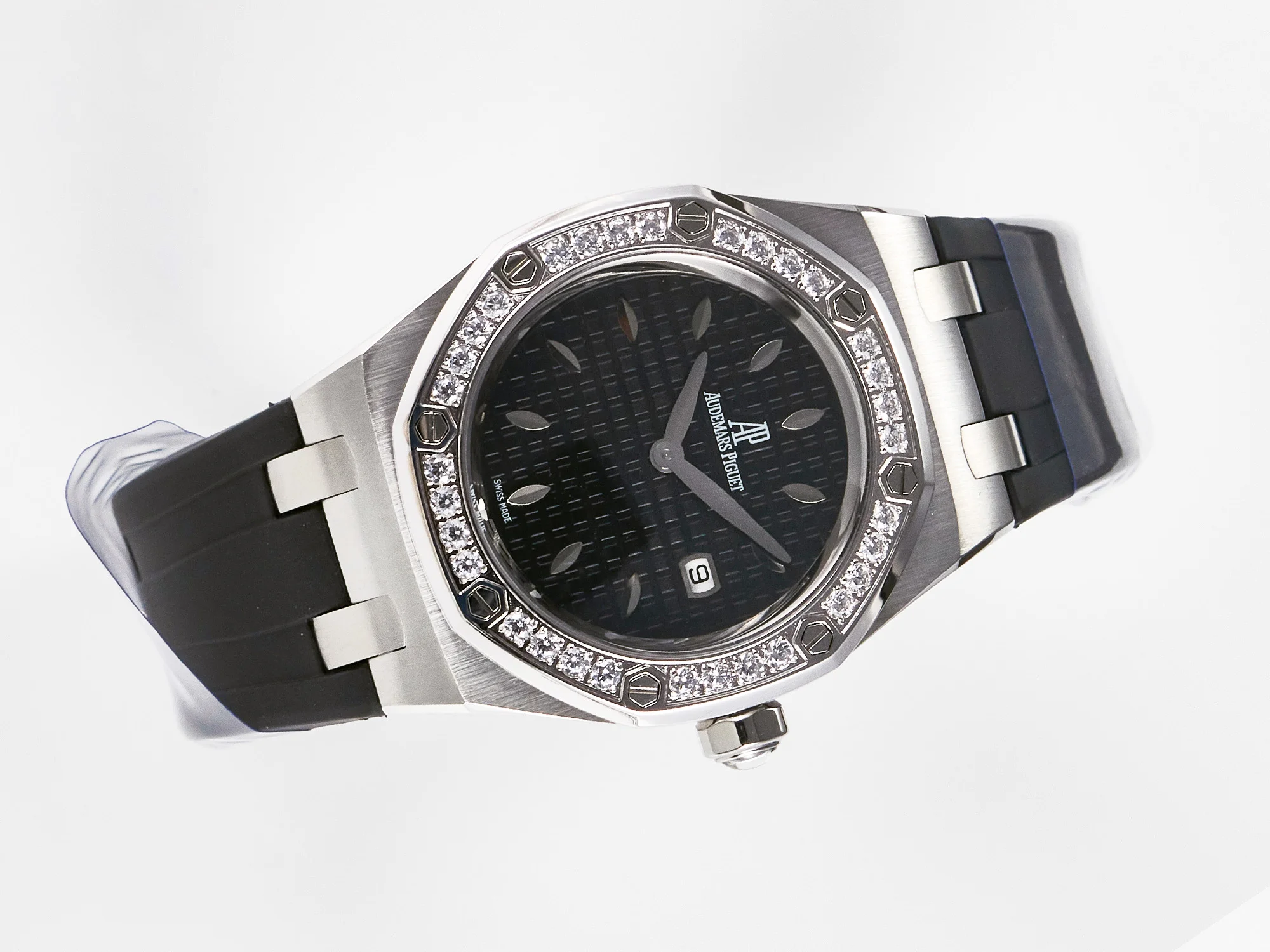 Royal Oak Offshore Ladies 33mm SS DRF Best Edition Black Dial Diamonds Bezel on Black Rubber Strap ETA Quartz
