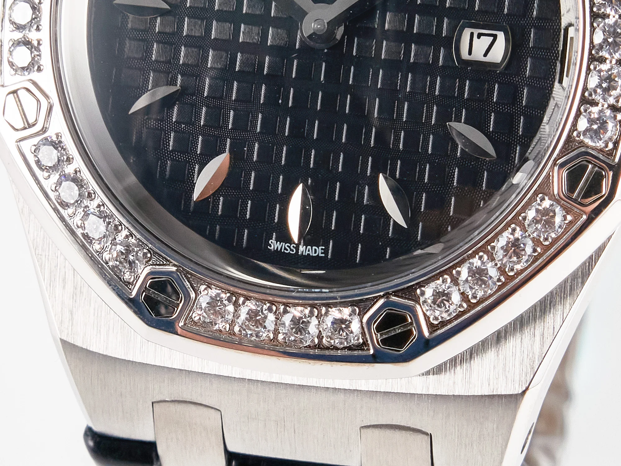 Royal Oak Offshore Ladies 33mm SS DRF Best Edition Black Dial Diamonds Bezel on Black Leather Strap ETA Quartz