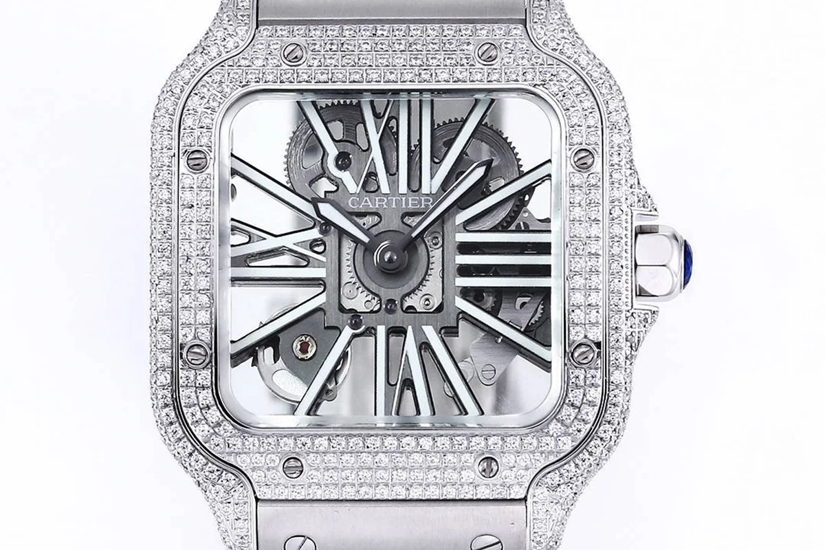 Santos De Cartier Watch Skeleton Dial White Marker with Diamond Bezel in Steel